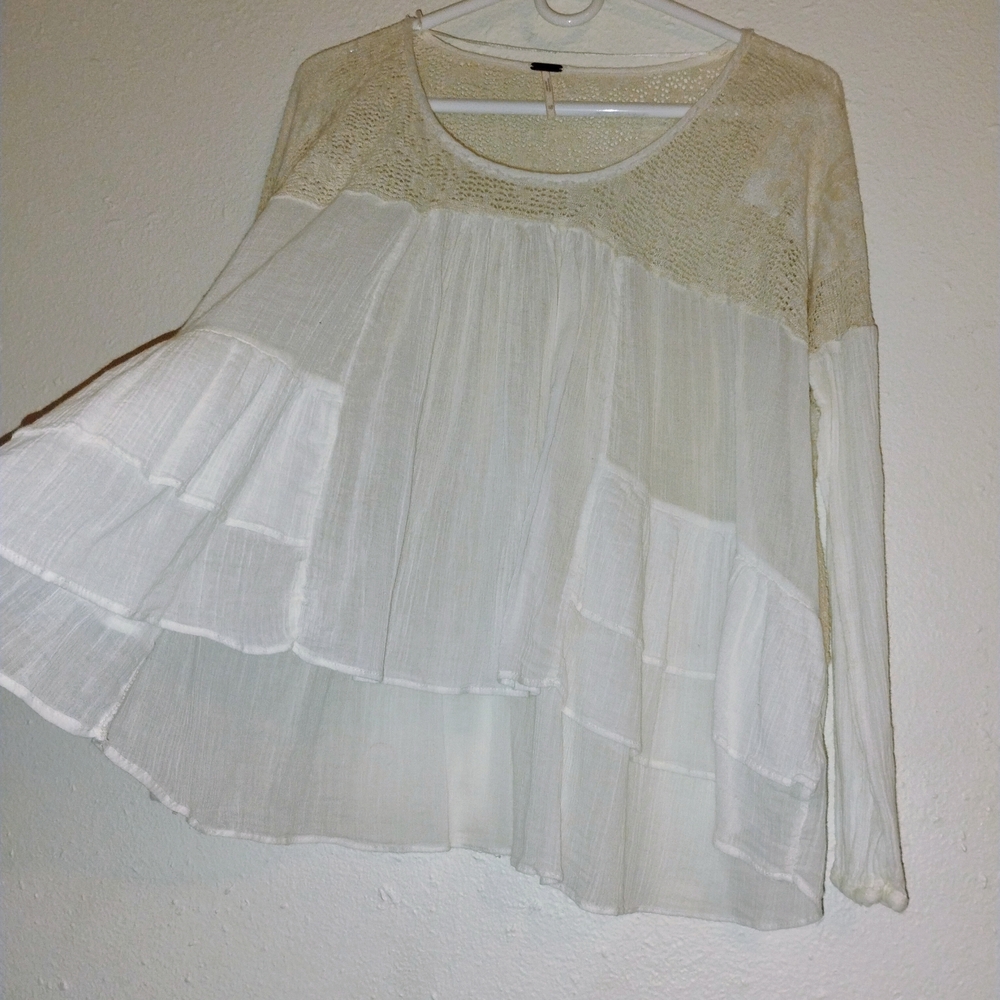 Free People Cream Crochet Yoke Ruffle Tunic